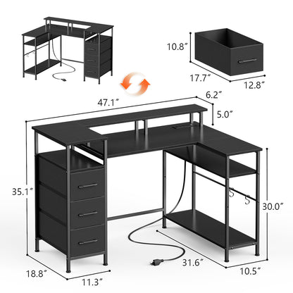 Satifur 47" Computer Desk with LED Lights & Power Outlets, L-Shaped Desk with 3 Fabric Drawers & Open Shelves, Reversible Home Office Desk,Black