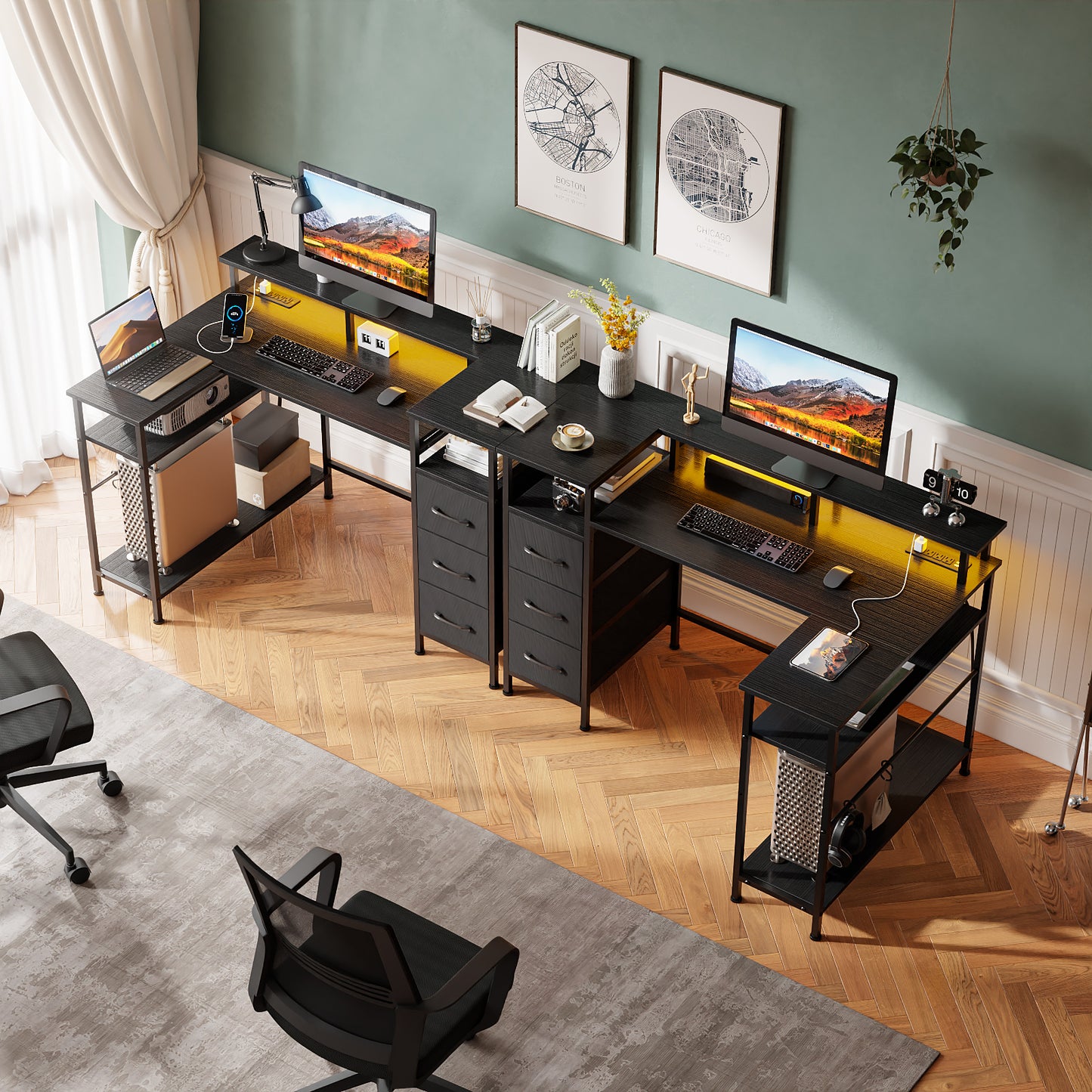 Satifur 47" Computer Desk with LED Lights & Power Outlets, L-Shaped Desk with 3 Fabric Drawers & Open Shelves, Reversible Home Office Desk,Black