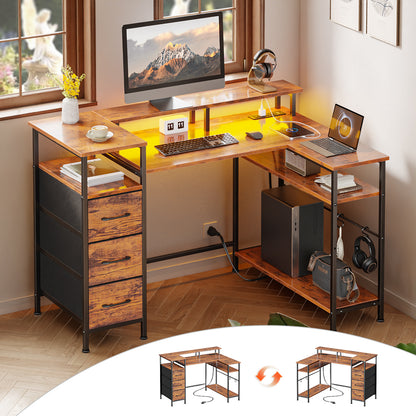 Satifur Computer Desk with Power Outlet & LED Light, Home Office Writting Desk for 2 Person 93" with Drawers & Monitor Stands, Rustic