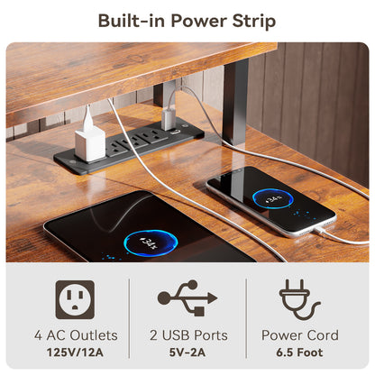 Satifur Computer Desk with Power Outlet & LED Light, Home Office Writting Desk for 2 Person 93" with Drawers & Monitor Stands, Rustic
