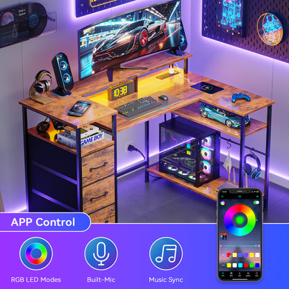 Satifur Computer Desk with Power Outlet & LED Light, Home Office Writting Desk for 2 Person 93" with Drawers & Monitor Stands, Rustic