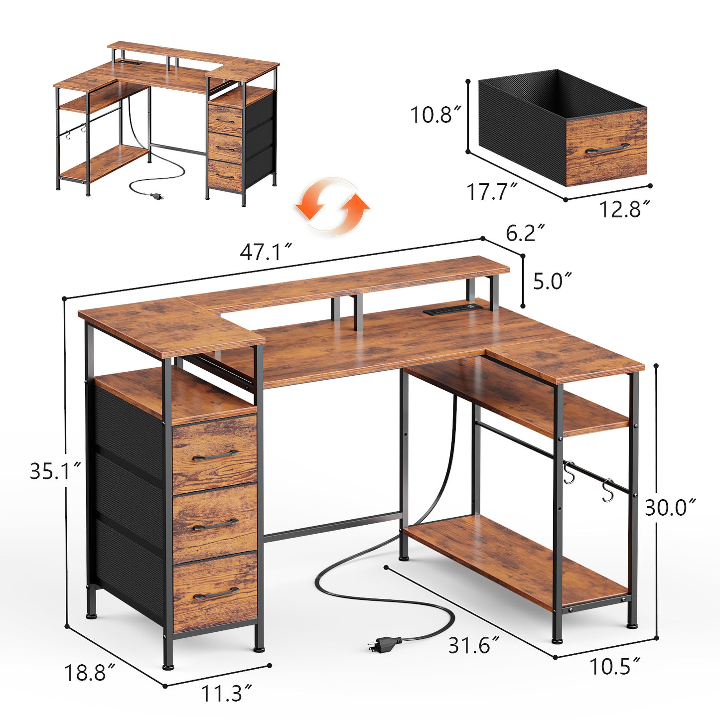 Satifur Computer Desk with Power Outlet & LED Light, Home Office Writting Desk for 2 Person 93" with Drawers & Monitor Stands, Rustic