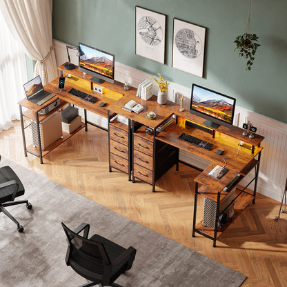 Satifur Computer Desk with Power Outlet & LED Light, Home Office Writting Desk for 2 Person 93" with Drawers & Monitor Stands, Rustic