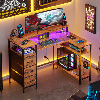 Satifur Computer Desk with Power Outlet & LED Light, Home Office Writting Desk for 2 Person 93" with Drawers & Monitor Stands, Rustic