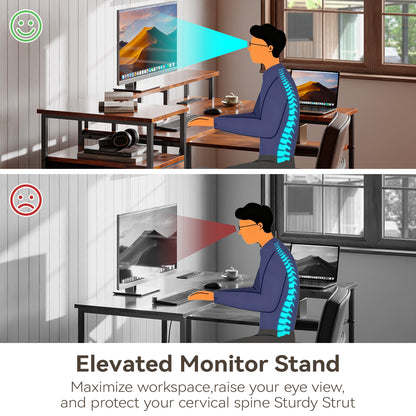 Satifur Computer Desk with Power Outlet & LED Light, Home Office Writting Desk for 2 Person 93" with Drawers & Monitor Stands, Rustic