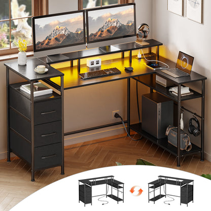 Satifur 55" Computer Desk with LED Lights & Power Outlets, L-Shaped Desk with 3 Fabric Drawers & Open Shelves, Reversible Home Office Desk,Black