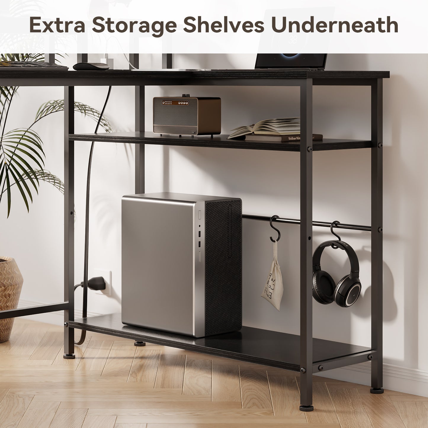 Satifur 55" Computer Desk with LED Lights & Power Outlets, L-Shaped Desk with 3 Fabric Drawers & Open Shelves, Reversible Home Office Desk,Black