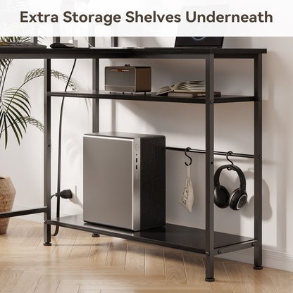 Satifur 55" Computer Desk with LED Lights & Power Outlets, L-Shaped Desk with 3 Fabric Drawers & Open Shelves, Reversible Home Office Desk,Black