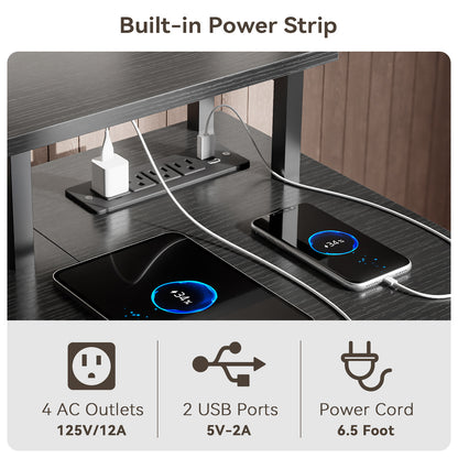 Satifur 55" Computer Desk with LED Lights & Power Outlets, L-Shaped Desk with 3 Fabric Drawers & Open Shelves, Reversible Home Office Desk,Black