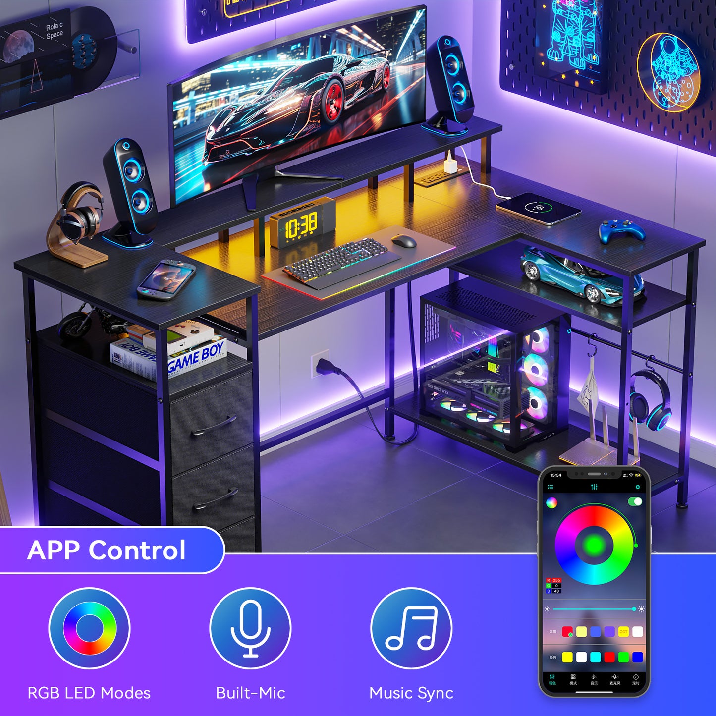 Satifur 55" Computer Desk with LED Lights & Power Outlets, L-Shaped Desk with 3 Fabric Drawers & Open Shelves, Reversible Home Office Desk,Black