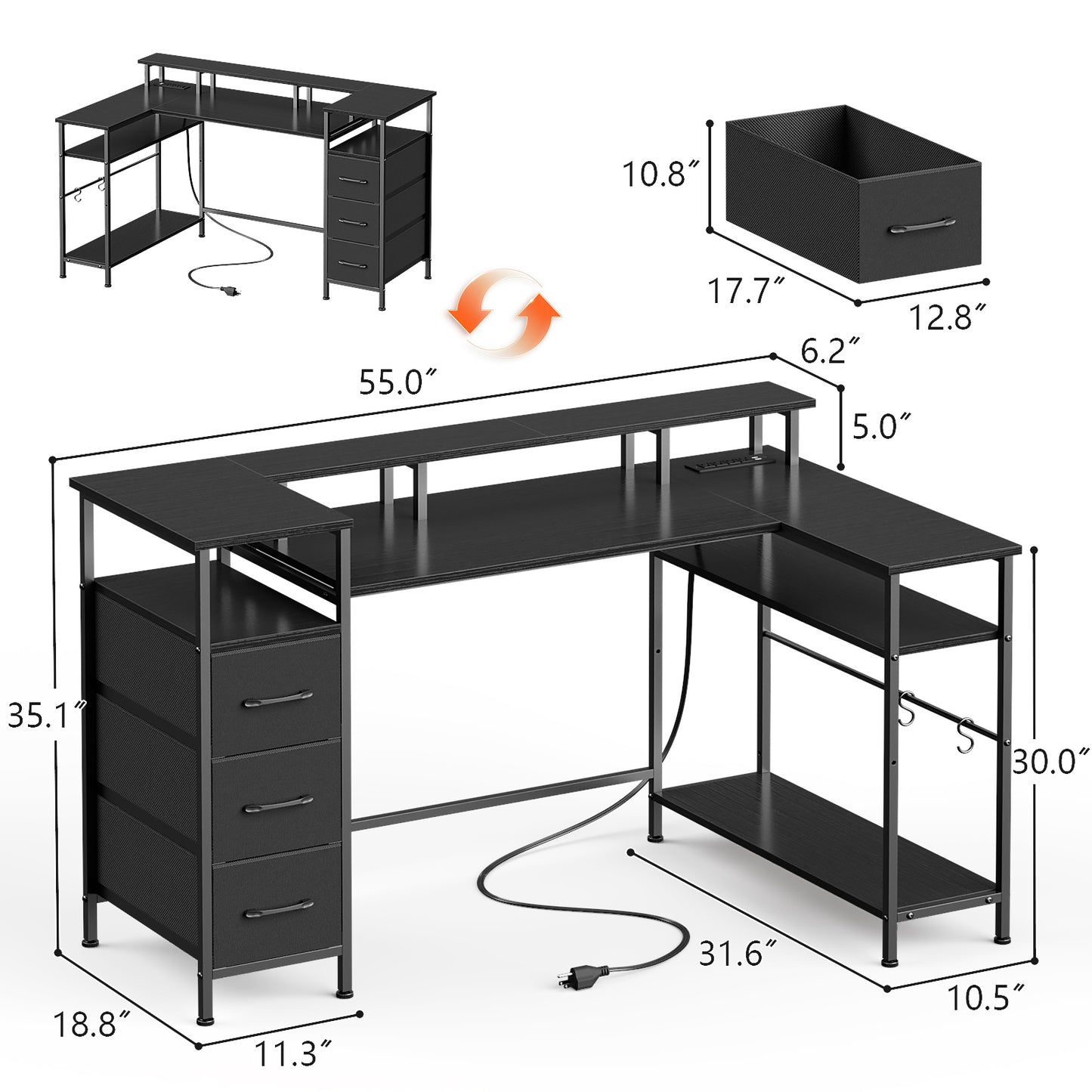 Satifur 55" Computer Desk with LED Lights & Power Outlets, L-Shaped Desk with 3 Fabric Drawers & Open Shelves, Reversible Home Office Desk,Black