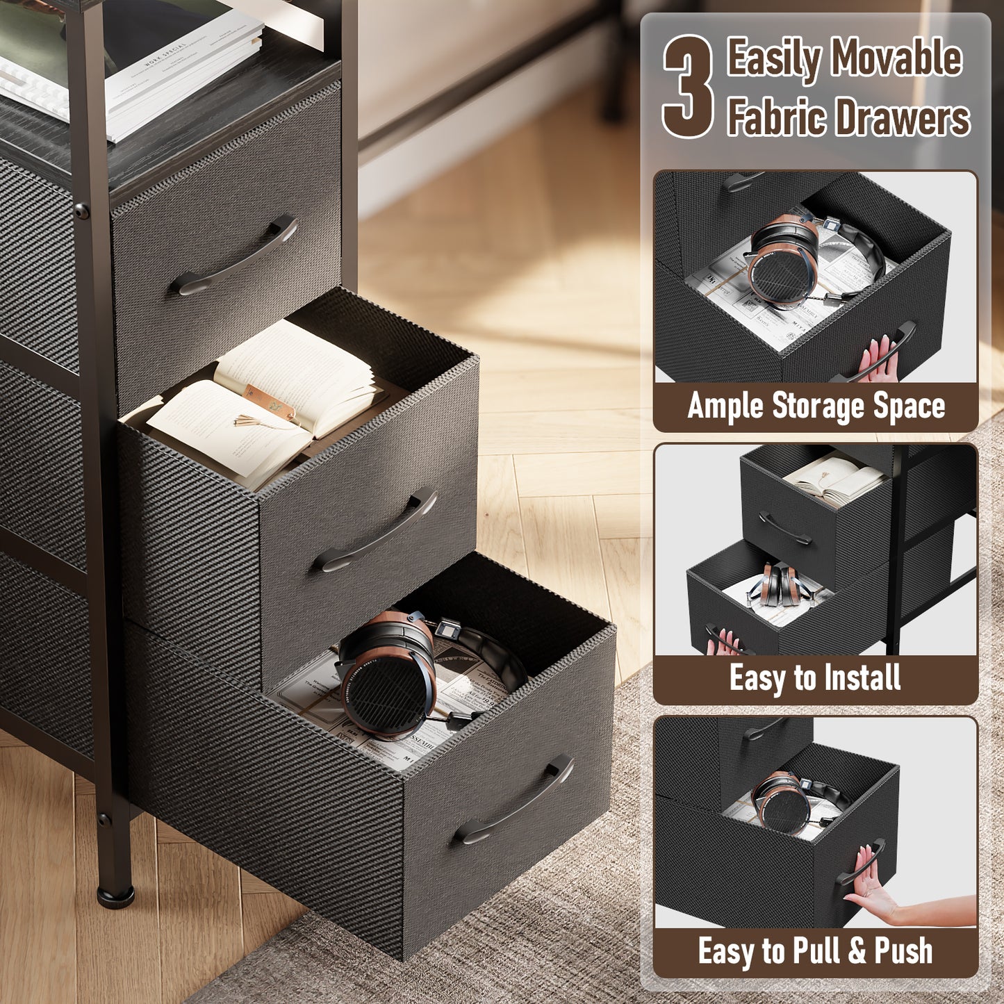 Satifur 55" Computer Desk with LED Lights & Power Outlets, L-Shaped Desk with 3 Fabric Drawers & Open Shelves, Reversible Home Office Desk,Black