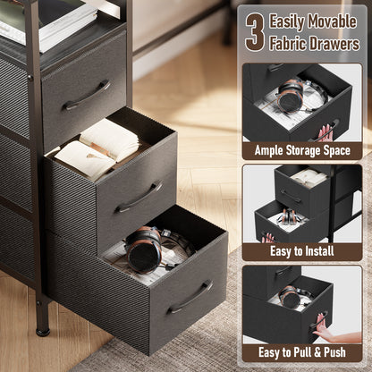 Satifur 55" Computer Desk with LED Lights & Power Outlets, L-Shaped Desk with 3 Fabric Drawers & Open Shelves, Reversible Home Office Desk,Black