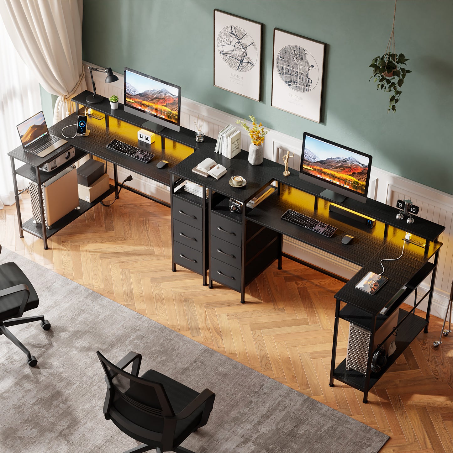 Satifur 55" Computer Desk with LED Lights & Power Outlets, L-Shaped Desk with 3 Fabric Drawers & Open Shelves, Reversible Home Office Desk,Black