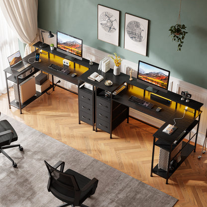 Satifur 55" Computer Desk with LED Lights & Power Outlets, L-Shaped Desk with 3 Fabric Drawers & Open Shelves, Reversible Home Office Desk,Black