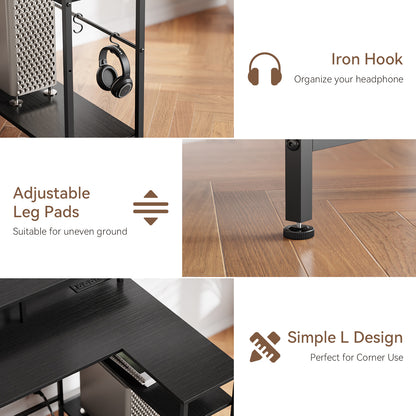 Satifur 55" Computer Desk with LED Lights & Power Outlets, L-Shaped Desk with 3 Fabric Drawers & Open Shelves, Reversible Home Office Desk,Black