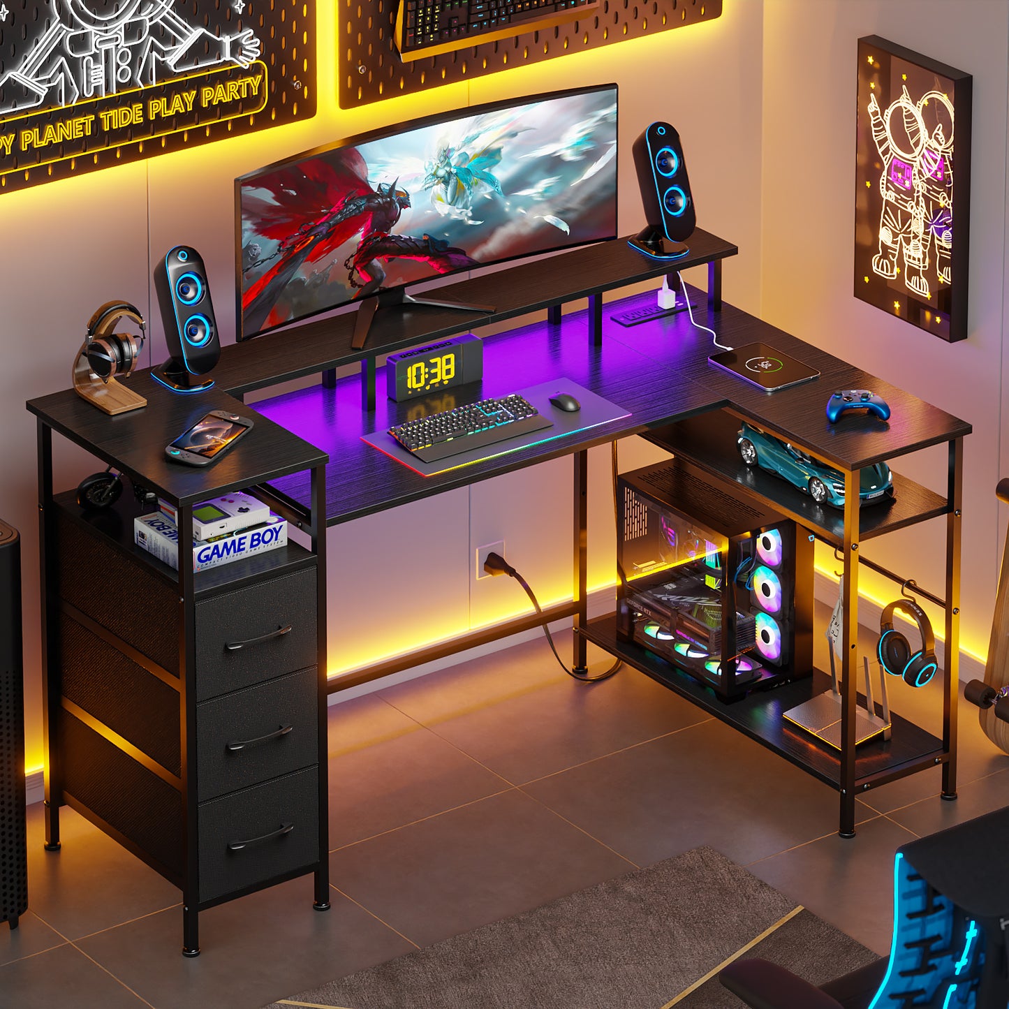 Satifur 55" Computer Desk with LED Lights & Power Outlets, L-Shaped Desk with 3 Fabric Drawers & Open Shelves, Reversible Home Office Desk,Black