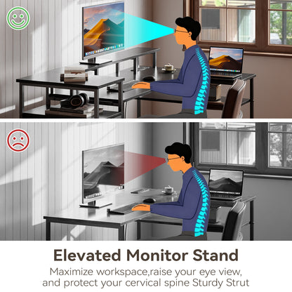 Satifur 55" Computer Desk with LED Lights & Power Outlets, L-Shaped Desk with 3 Fabric Drawers & Open Shelves, Reversible Home Office Desk,Black