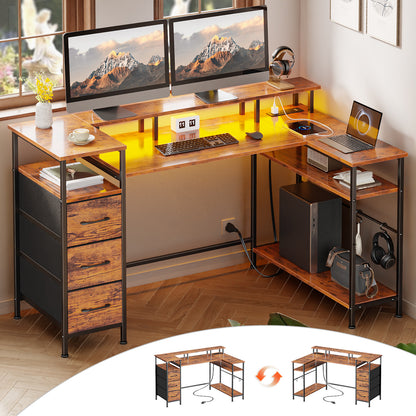 Satifur 55" Computer Desk with LED Lights & Power Outlets, L-Shaped Desk with 3 Fabric Drawers & Open Shelves, Reversible Home Office Desk,Rustic Brown