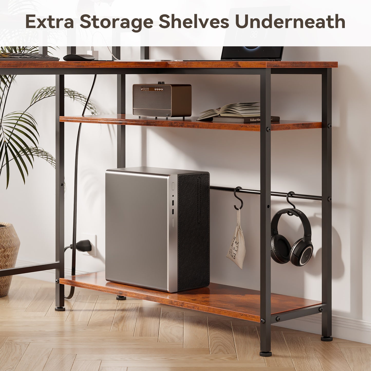 Satifur 55" Computer Desk with LED Lights & Power Outlets, L-Shaped Desk with 3 Fabric Drawers & Open Shelves, Reversible Home Office Desk,Rustic Brown