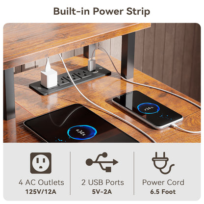 Satifur 55" Computer Desk with LED Lights & Power Outlets, L-Shaped Desk with 3 Fabric Drawers & Open Shelves, Reversible Home Office Desk,Rustic Brown