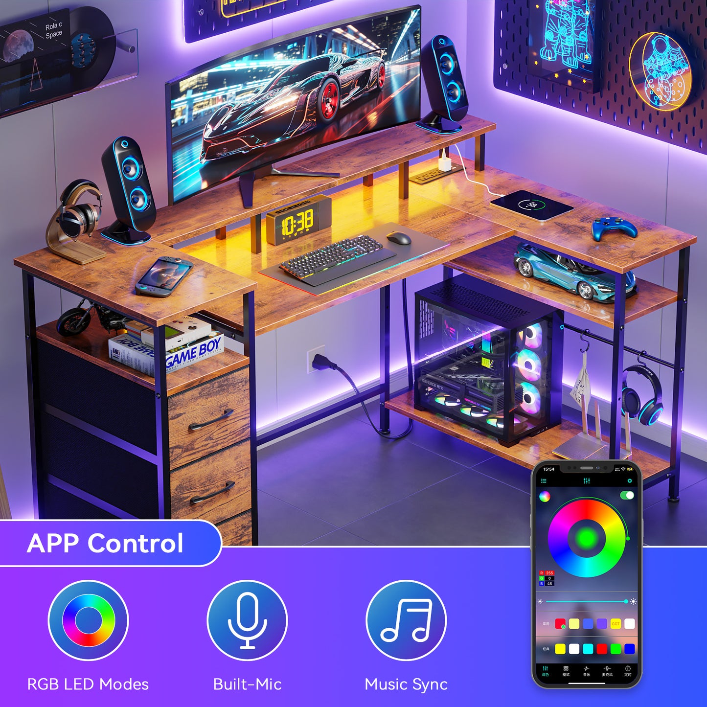 Satifur 55" Computer Desk with LED Lights & Power Outlets, L-Shaped Desk with 3 Fabric Drawers & Open Shelves, Reversible Home Office Desk,Rustic Brown