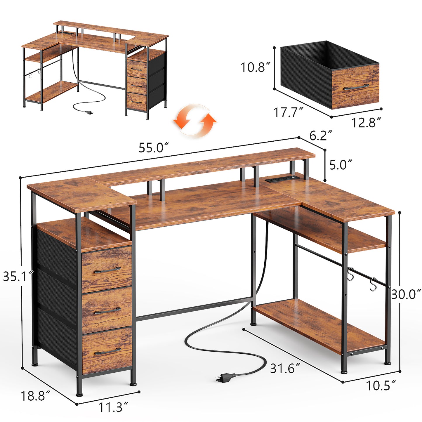Satifur 55" Computer Desk with LED Lights & Power Outlets, L-Shaped Desk with 3 Fabric Drawers & Open Shelves, Reversible Home Office Desk,Rustic Brown