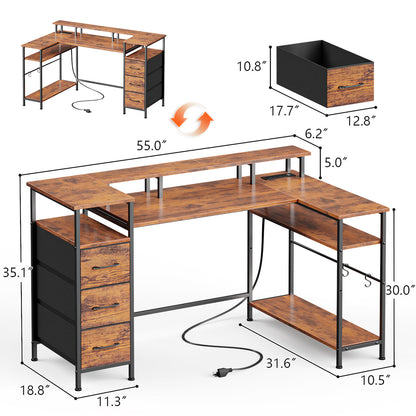 Satifur 55" Computer Desk with LED Lights & Power Outlets, L-Shaped Desk with 3 Fabric Drawers & Open Shelves, Reversible Home Office Desk,Rustic Brown