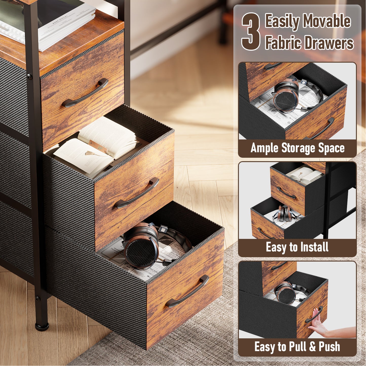 Satifur 55" Computer Desk with LED Lights & Power Outlets, L-Shaped Desk with 3 Fabric Drawers & Open Shelves, Reversible Home Office Desk,Rustic Brown