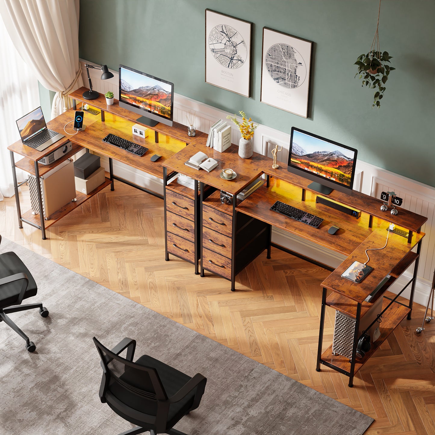 Satifur 55" Computer Desk with LED Lights & Power Outlets, L-Shaped Desk with 3 Fabric Drawers & Open Shelves, Reversible Home Office Desk,Rustic Brown