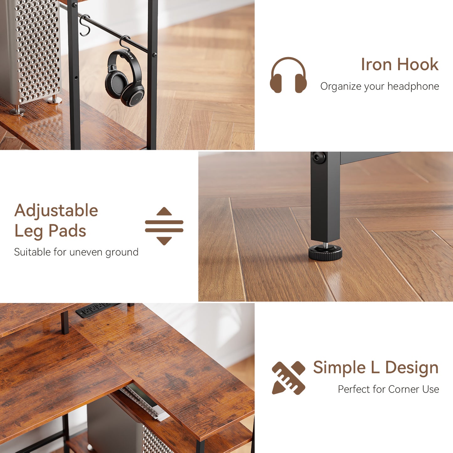 Satifur 55" Computer Desk with LED Lights & Power Outlets, L-Shaped Desk with 3 Fabric Drawers & Open Shelves, Reversible Home Office Desk,Rustic Brown