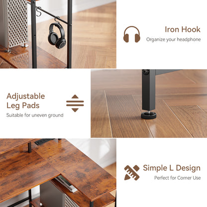 Satifur 55" Computer Desk with LED Lights & Power Outlets, L-Shaped Desk with 3 Fabric Drawers & Open Shelves, Reversible Home Office Desk,Rustic Brown