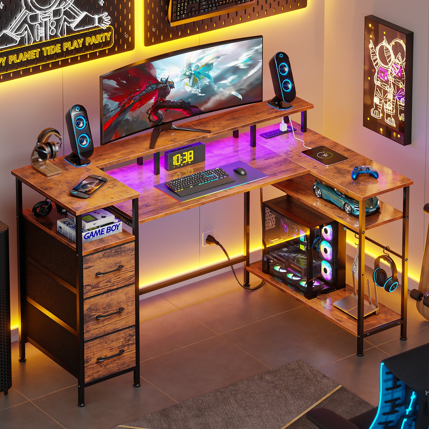 Satifur 55" Computer Desk with LED Lights & Power Outlets, L-Shaped Desk with 3 Fabric Drawers & Open Shelves, Reversible Home Office Desk,Rustic Brown