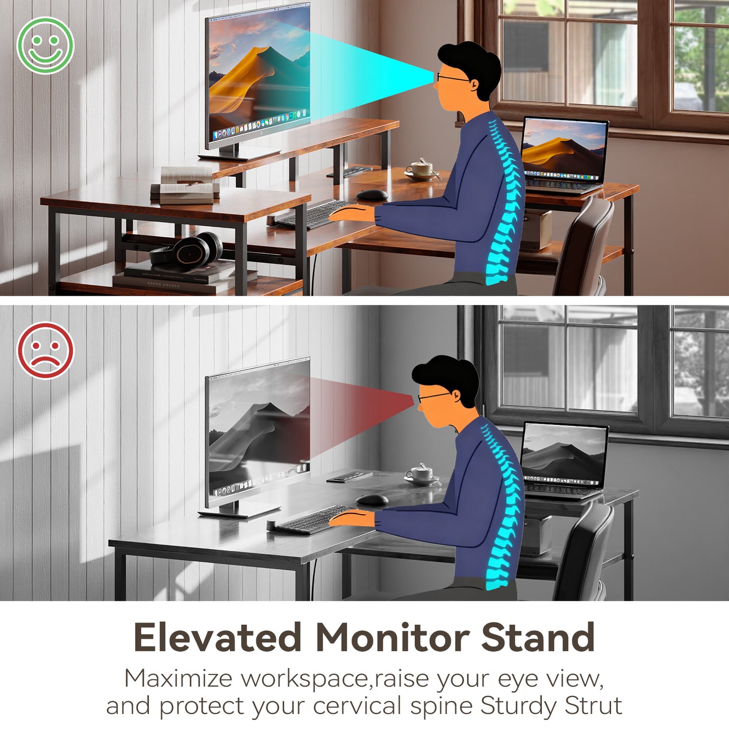 Satifur 55" Computer Desk with LED Lights & Power Outlets, L-Shaped Desk with 3 Fabric Drawers & Open Shelves, Reversible Home Office Desk,Rustic Brown