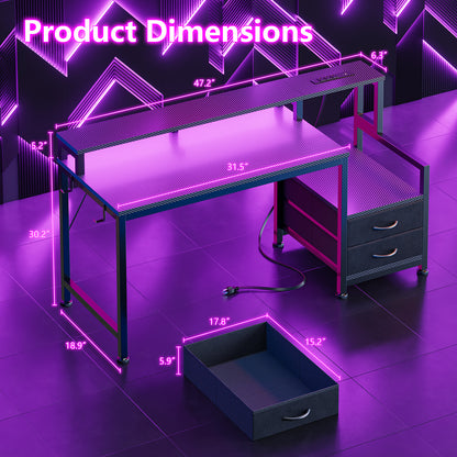 Satifur 47" Smart RGB Gaming Desk with App-Controlled Light Strip, Reversible Drawers & Built-in Charging Station,Black
