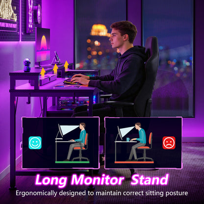 Satifur 47" Smart RGB Gaming Desk with App-Controlled Light Strip, Reversible Drawers & Built-in Charging Station,Black