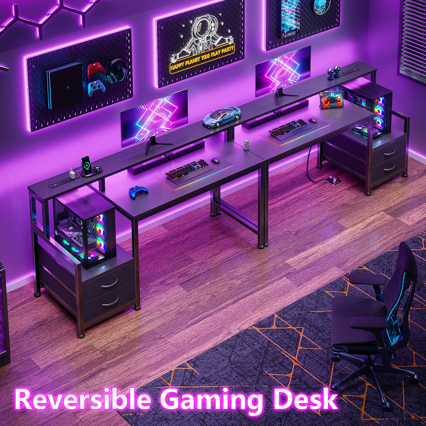 Satifur 47" Smart RGB Gaming Desk with App-Controlled Light Strip, Reversible Drawers & Built-in Charging Station,Black