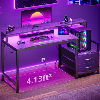 Satifur 47" Smart RGB Gaming Desk with App-Controlled Light Strip, Reversible Drawers & Built-in Charging Station,Black