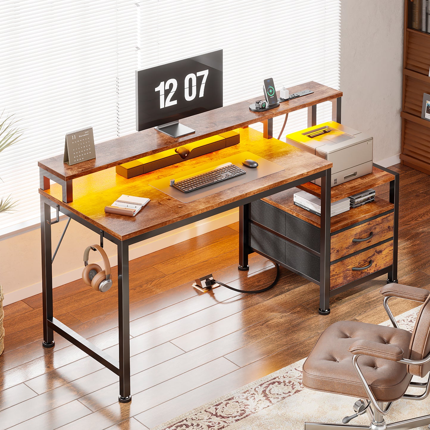 Satifur 47" Smart RGB Gaming Desk with App-Controlled Light Strip, Reversible Drawers & Built-in Charging Station,Rustic Brown