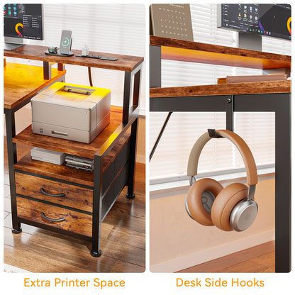 Satifur 47" Smart RGB Gaming Desk with App-Controlled Light Strip, Reversible Drawers & Built-in Charging Station,Rustic Brown