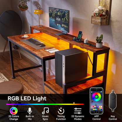 Satifur 47" Smart RGB Gaming Desk with App-Controlled Light Strip, Reversible Drawers & Built-in Charging Station,Rustic Brown