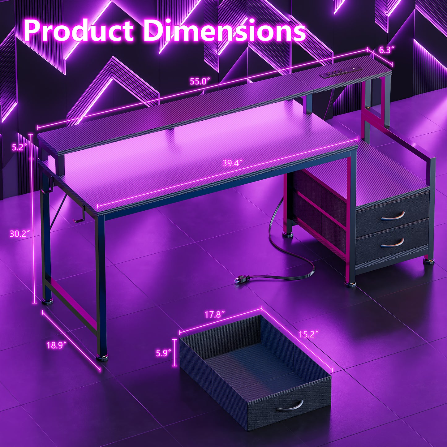 Satifur 55" Smart RGB Gaming Desk with App-Controlled Light Strip, Reversible Drawers & Built-in Charging Station,Black