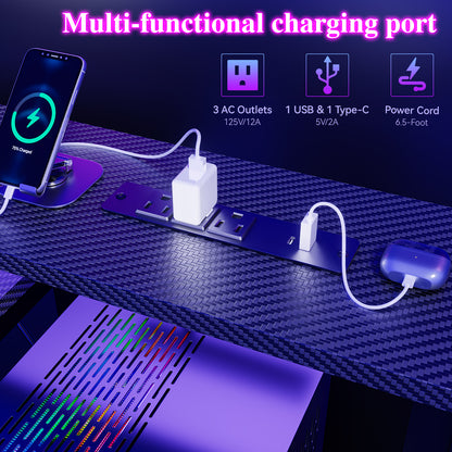 Satifur 55" Smart RGB Gaming Desk with App-Controlled Light Strip, Reversible Drawers & Built-in Charging Station,Black