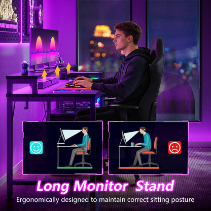 Satifur 55" Smart RGB Gaming Desk with App-Controlled Light Strip, Reversible Drawers & Built-in Charging Station,Black