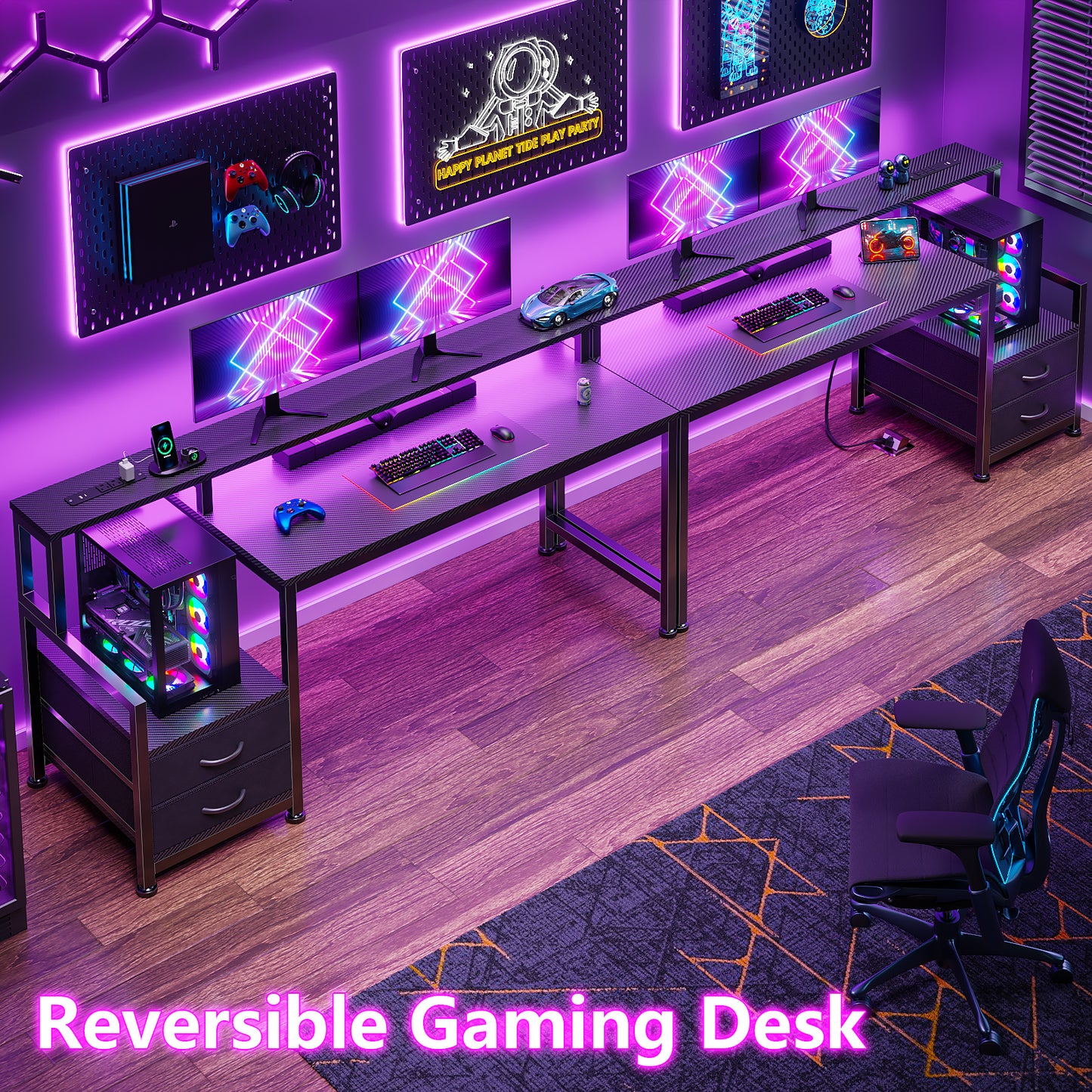 Satifur 55" Smart RGB Gaming Desk with App-Controlled Light Strip, Reversible Drawers & Built-in Charging Station,Black
