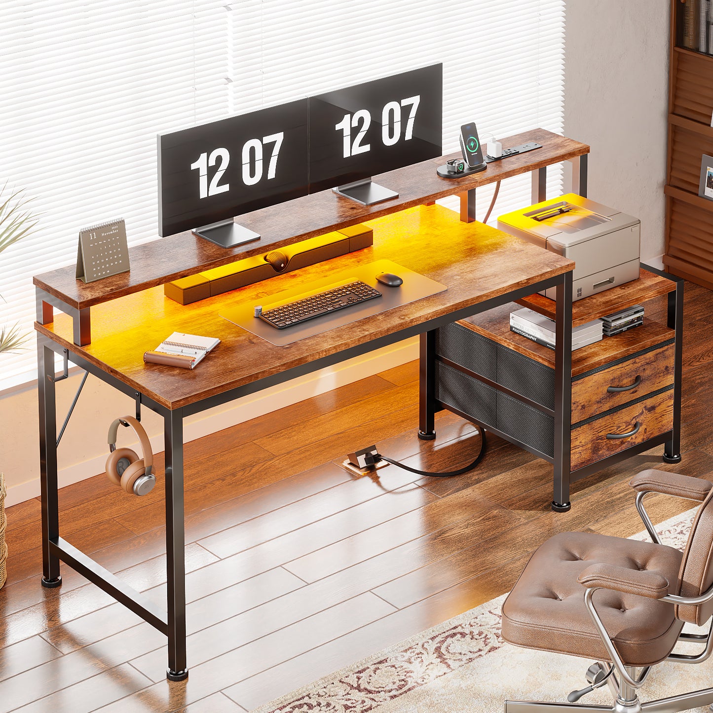 Satifur 55" Smart RGB Gaming Desk with App-Controlled Light Strip, Reversible Drawers & Built-in Charging Station,Rustic Brown