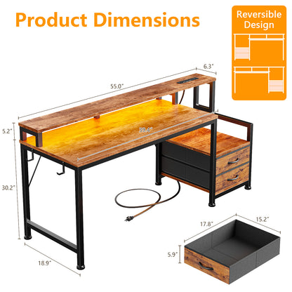 Satifur 55" Smart RGB Gaming Desk with App-Controlled Light Strip, Reversible Drawers & Built-in Charging Station,Rustic Brown