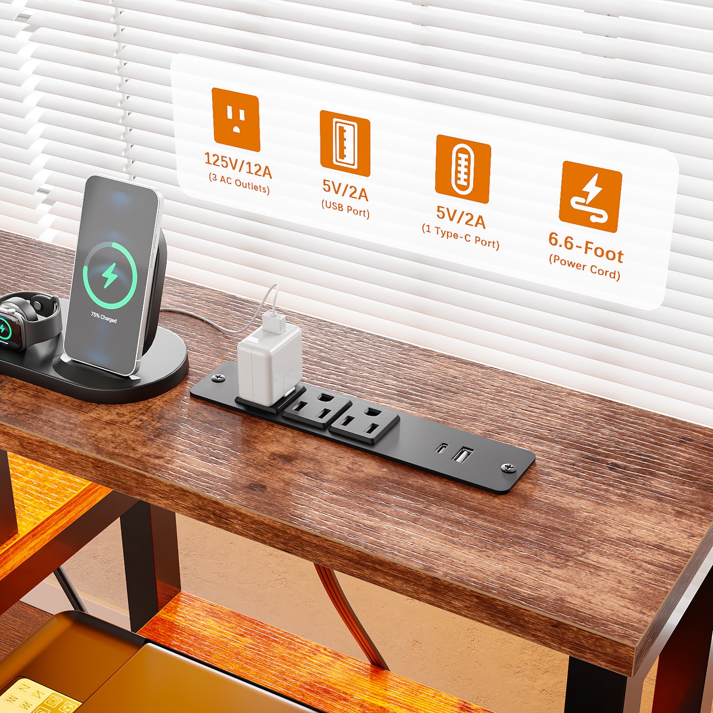 Satifur 55" Smart RGB Gaming Desk with App-Controlled Light Strip, Reversible Drawers & Built-in Charging Station,Rustic Brown