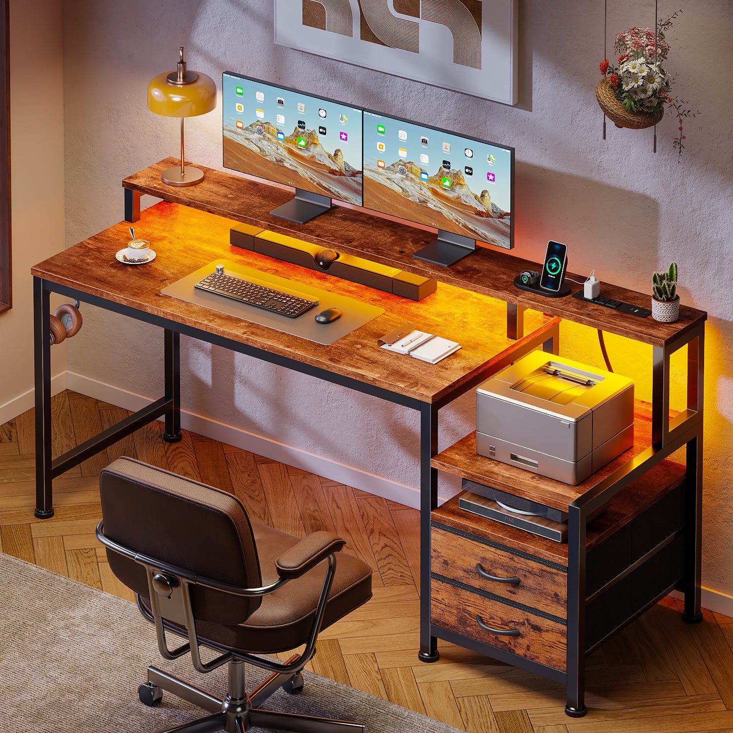 Satifur 55" Smart RGB Gaming Desk with App-Controlled Light Strip, Reversible Drawers & Built-in Charging Station,Rustic Brown