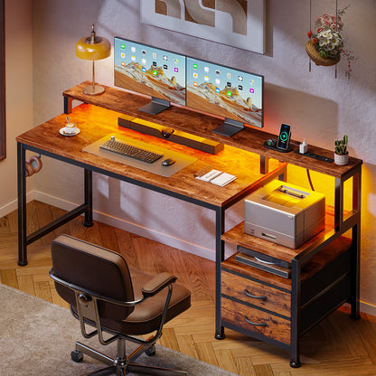 Satifur 55" Smart RGB Gaming Desk with App-Controlled Light Strip, Reversible Drawers & Built-in Charging Station,Rustic Brown
